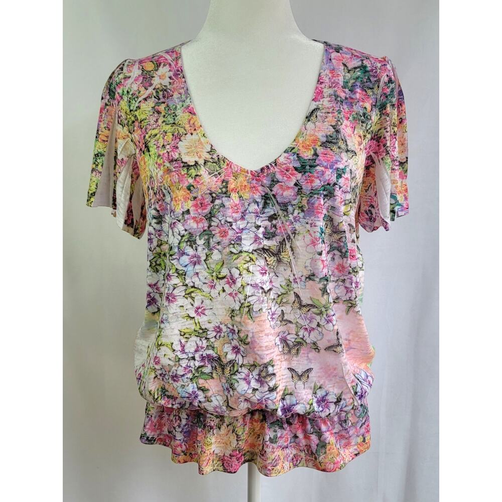 Sundance Boho Butterflies Floral Watercolor Sublimation Print Ruffle Top Size L - Picture 2 of 12